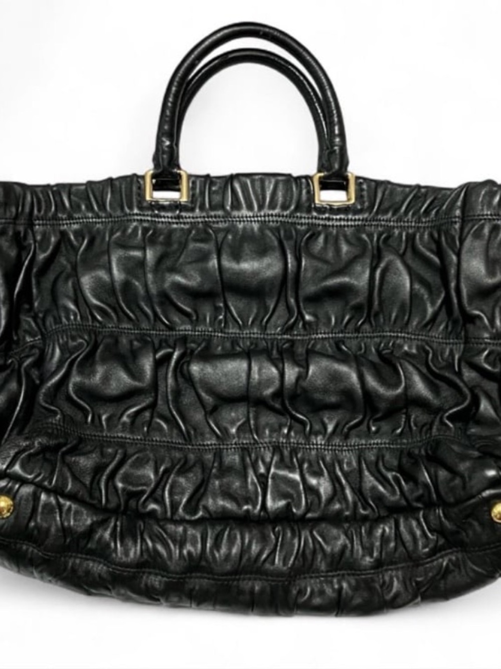 Prada⭐️Black Ruched Leather Tote with Gold-Tone Hardware. Vintage! - Picture 2 of 9